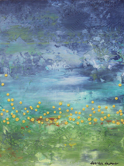 Blue and green abstract landscape painting with metallic gold dots