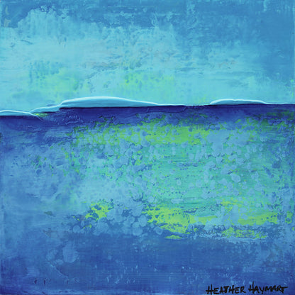 Abstract painting with blue and green ocean scene hues by Heather Haymart