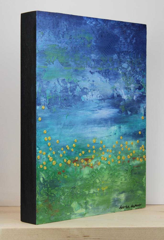 side view of blue and green painting called The Emergence