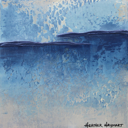 Abstract art piece with cool blue and gray tones by Heather Haymart
