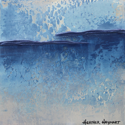 Abstract art piece with cool blue and gray tones by Heather Haymart