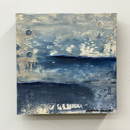 Abstract painting with horizontal brushstrokes in blue, gray, and white on a light gray background with metallic does .