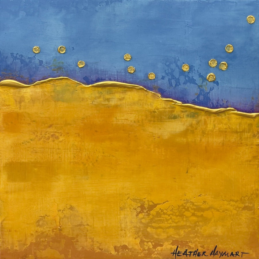 Inspired by fireflies - blue, yellow and metallic gold abstract landscape painting