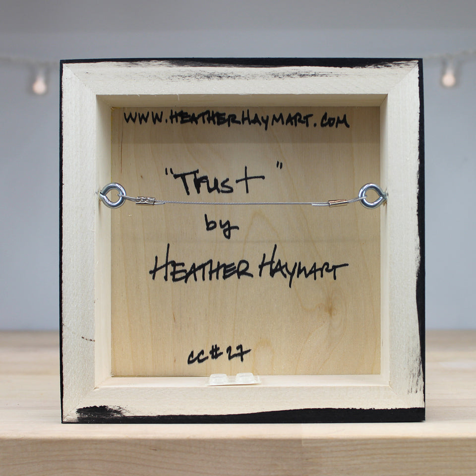 Wooden box with metal wire and text on a light background