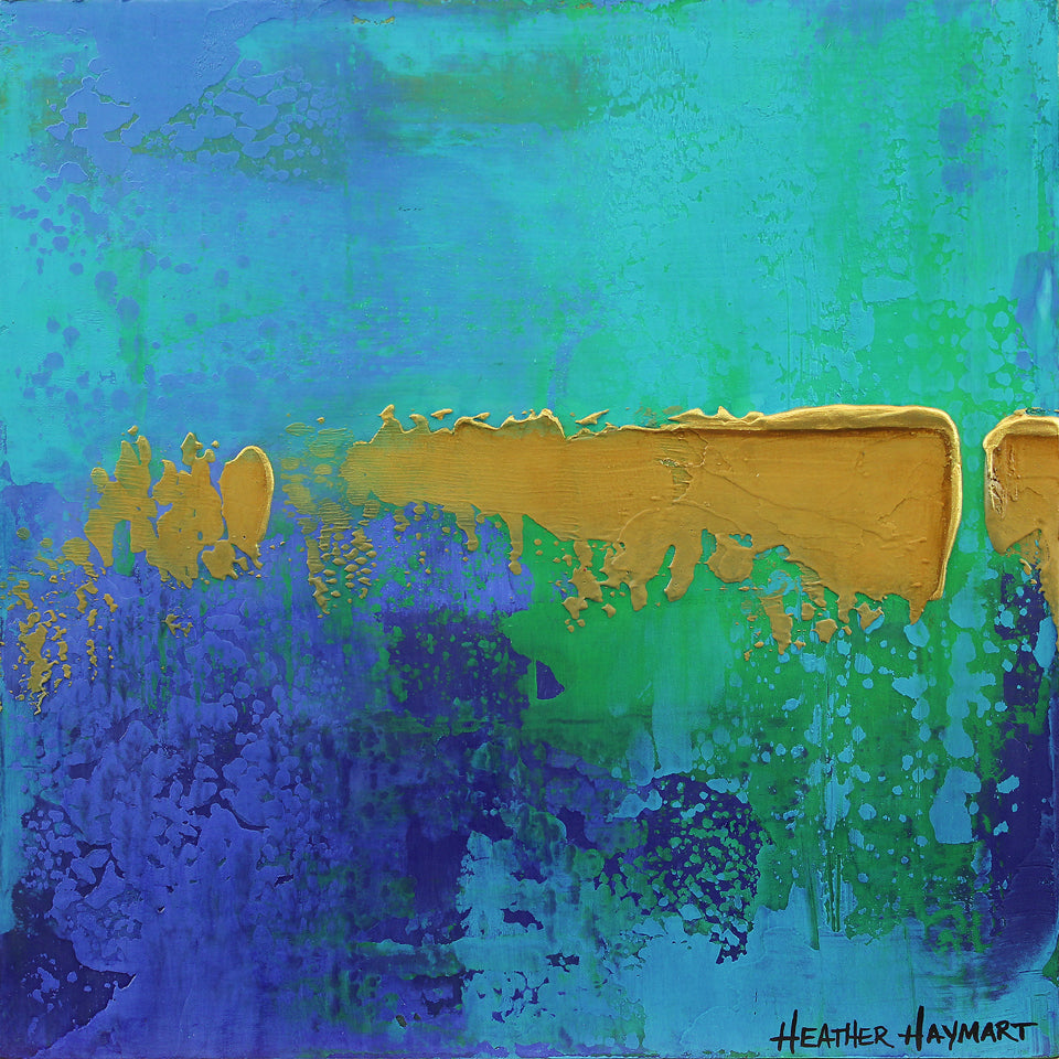 Abstract painting with gold, blue, and green colors by Heather Haymart