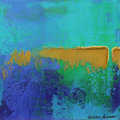 Abstract painting with gold, blue, and green colors by Heather Haymart