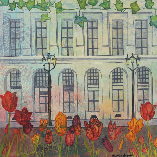 Artistic depiction of a building with windows and street lamps, featuring colorful tulips in the foreground.
