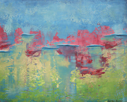 Abstract painting with raspberry and green colors on a blue background