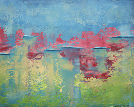 Abstract painting with raspberry and green colors on a blue background