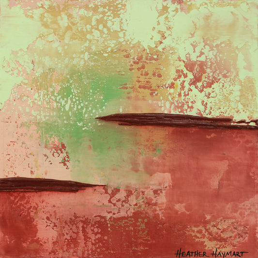 Abstract art piece with a gradient of pink, green, and tan by Heather Haymart.