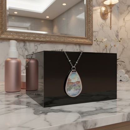 art necklace in bathroom