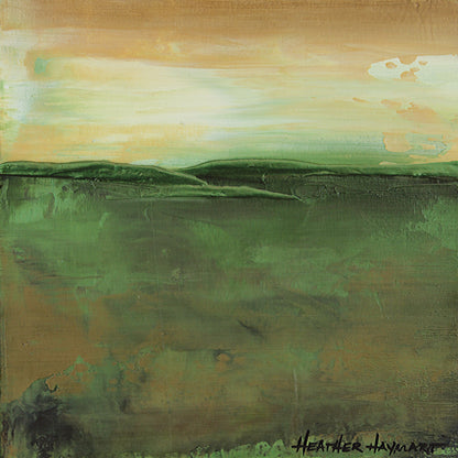 earthy green and brown abstract landscape painting with white and yellow sky and metallic green horizon line