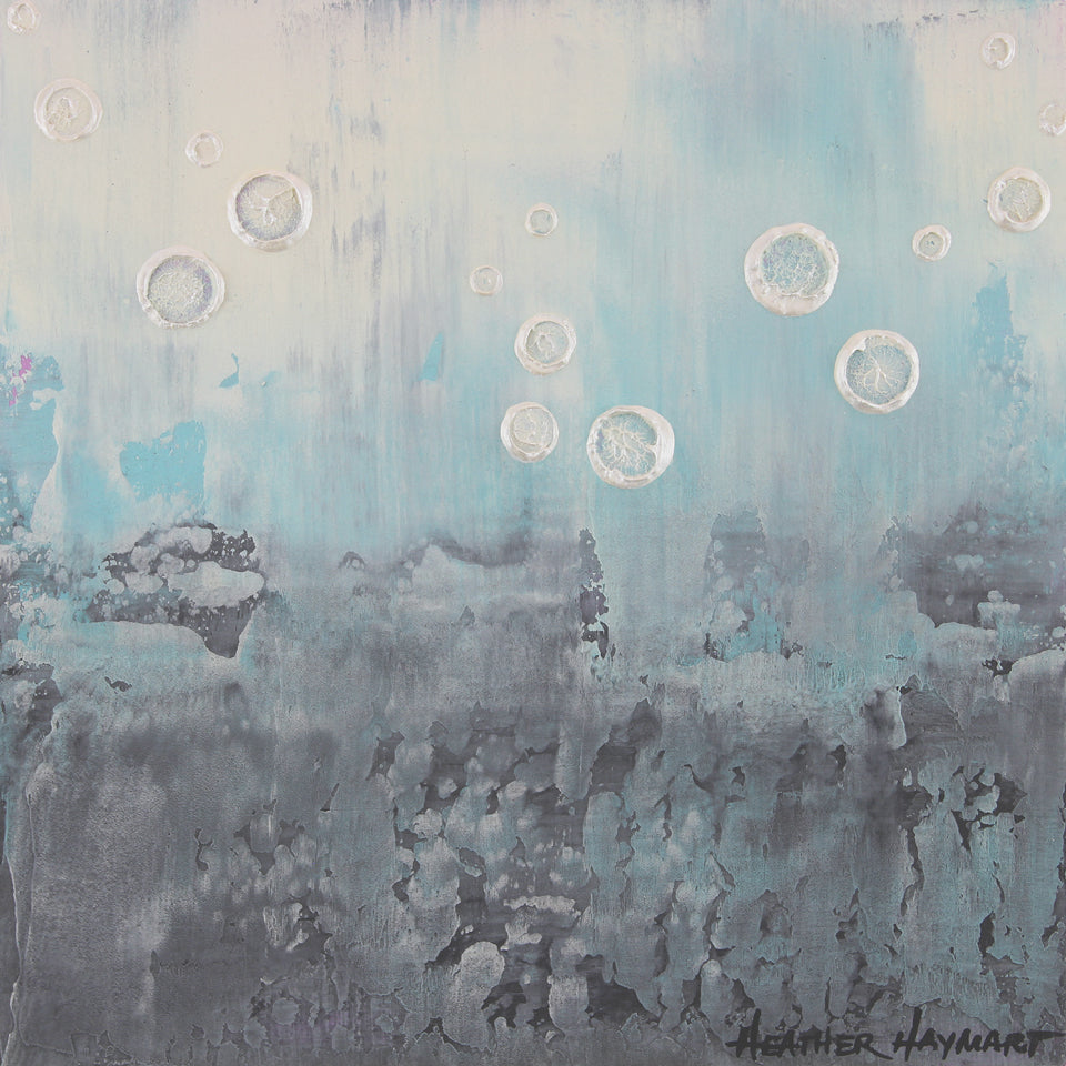 abstract light gray, light blue, and pearly white painting with raised textured circles