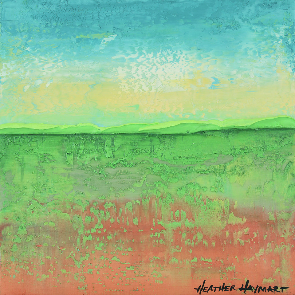 bright abstract painting with red-orange, lime green, yellow, white and turquoise with a lime green thick ledge horizon line