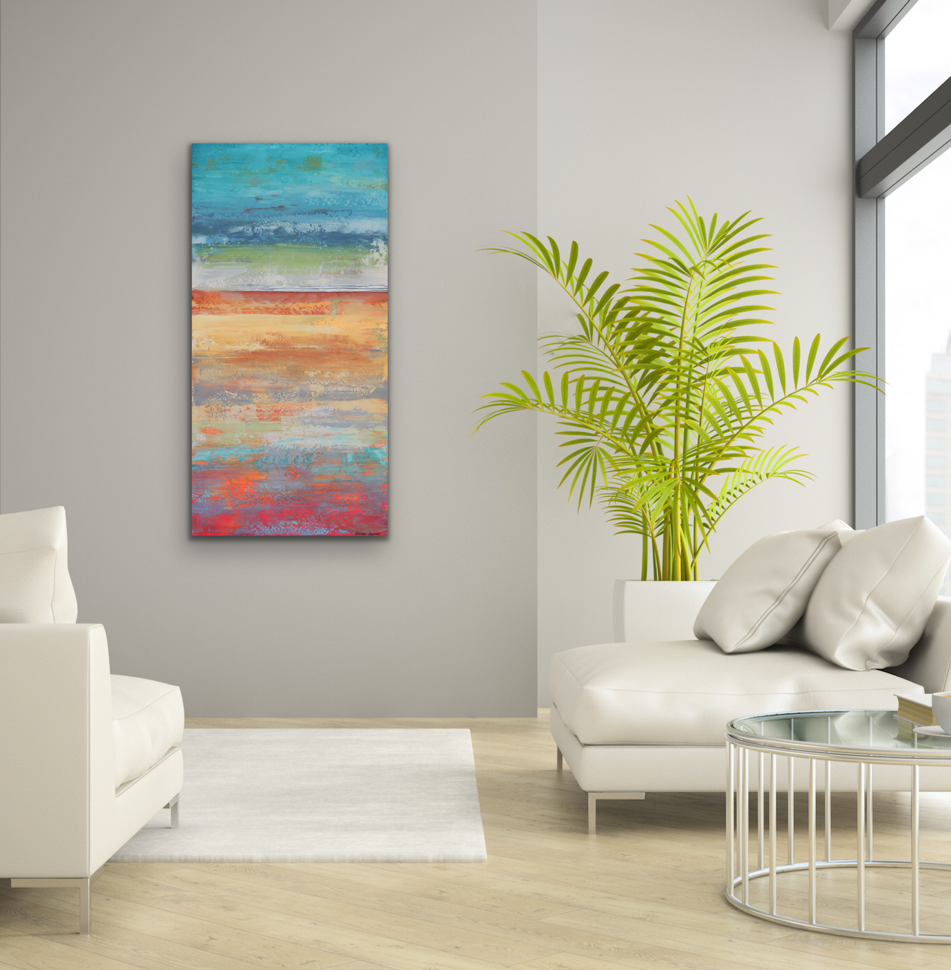 Abstract painting on the wall of a living room