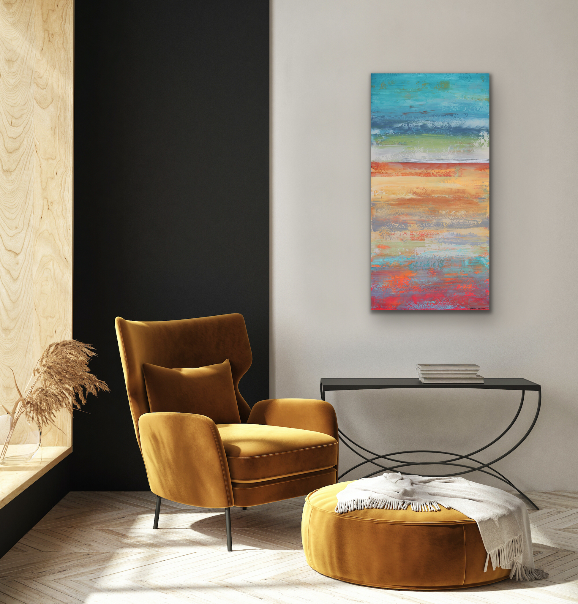 Colorful abstract art on the wall over a yellow chair
