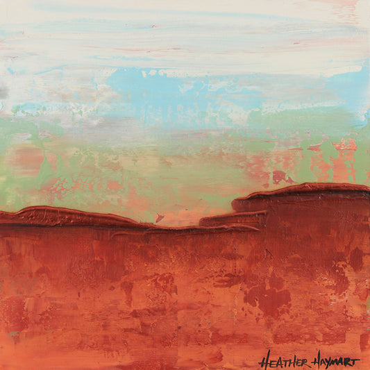abstract landscape painting with shades of rusty red-orange bottom, and green, white and light blue top, metallic rusty orange ledge horizon line