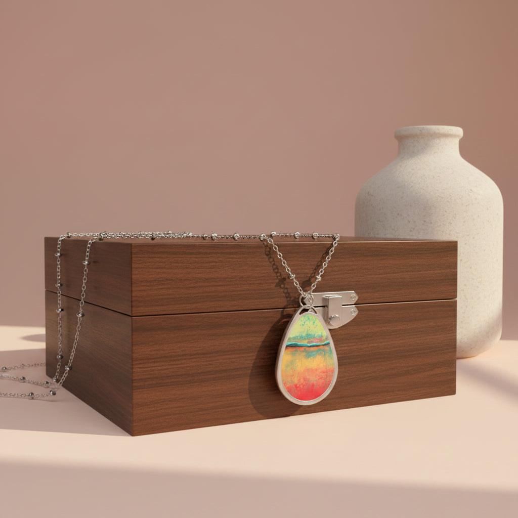 Colorful art necklace on brown jewelry box